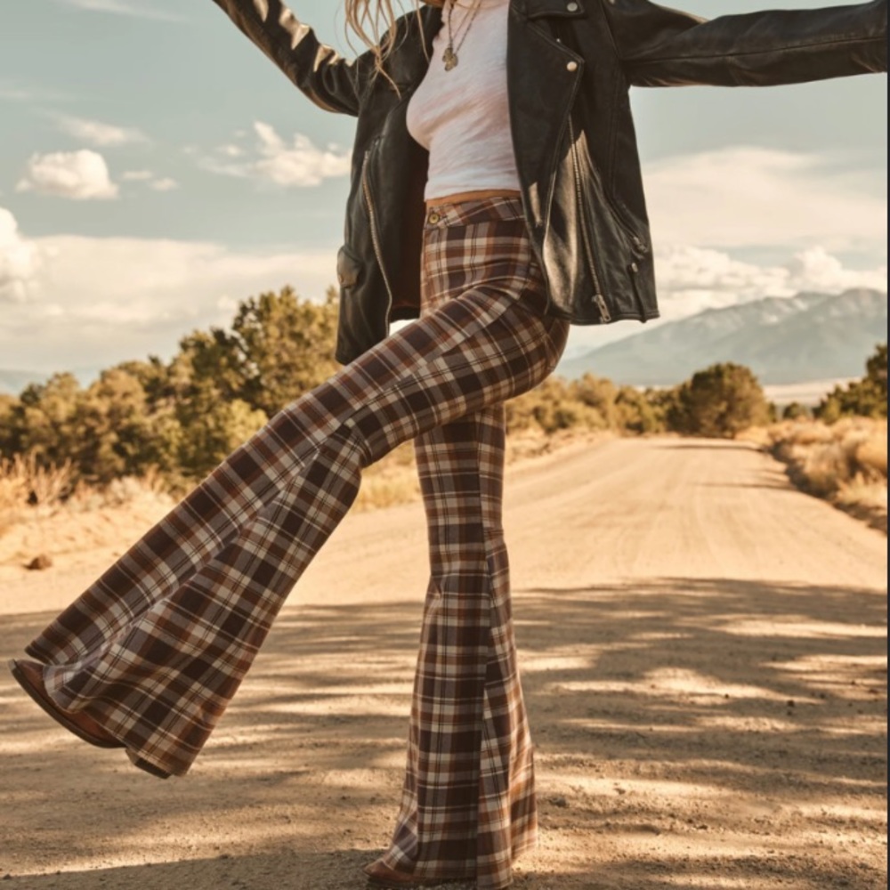 Free People Brown Plaid High-Rise Flare Jeans
